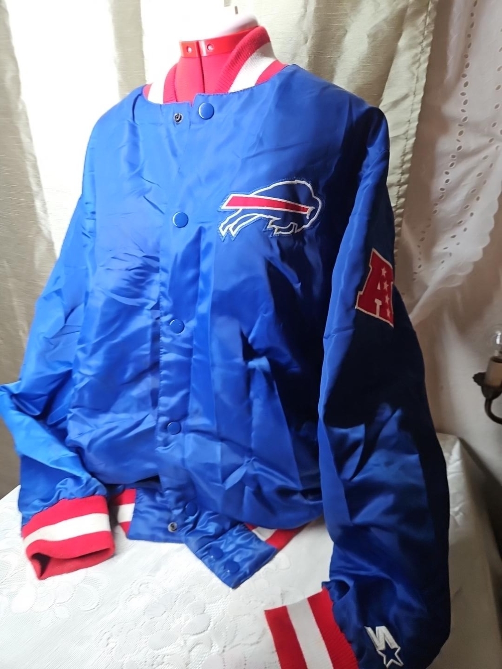 STARTER Blue Red & White Satin Varsity Jacket with Team Patch